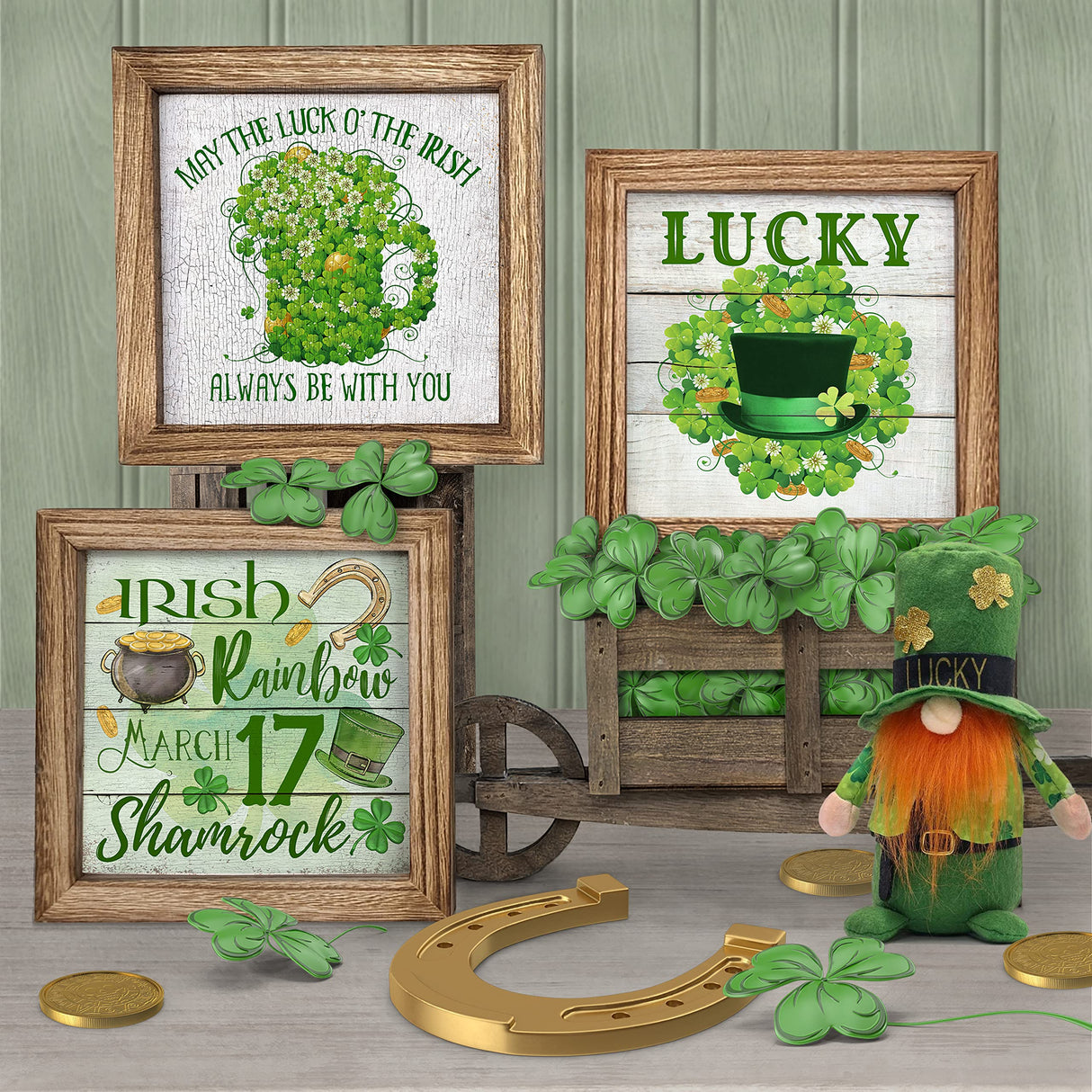 Set of 3 Rustic Wood Frames for Tiered Tray Decor - 36 Interchangeable Seasonal Home Signs for Valentines, St Patrick's Day, All Seasons, 7x7 in Parallel Decor