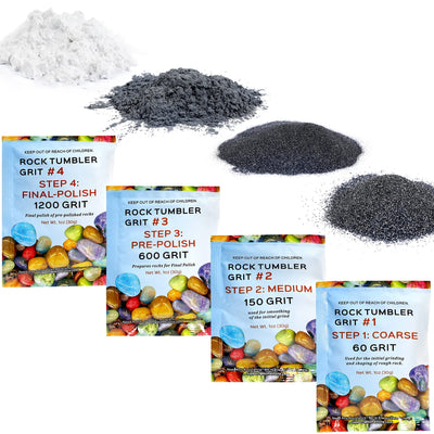 Rock Tumbler Grit and Polish Refill Kit - 4 Bags Sample Pack, 4-Step Tumbling Refill Media Kit, Works with Any Rock Polisher, Rock Tumbler Supplies