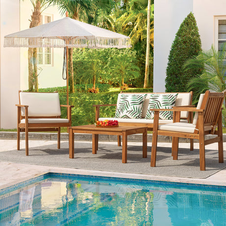 Flamaker Patio Furniture 4 Piece Outdoor Acacia Wood Patio Conversation Sofa Set with Table & Cushions Porch Furniture for Deck, Balcony, Backyard Flamaker