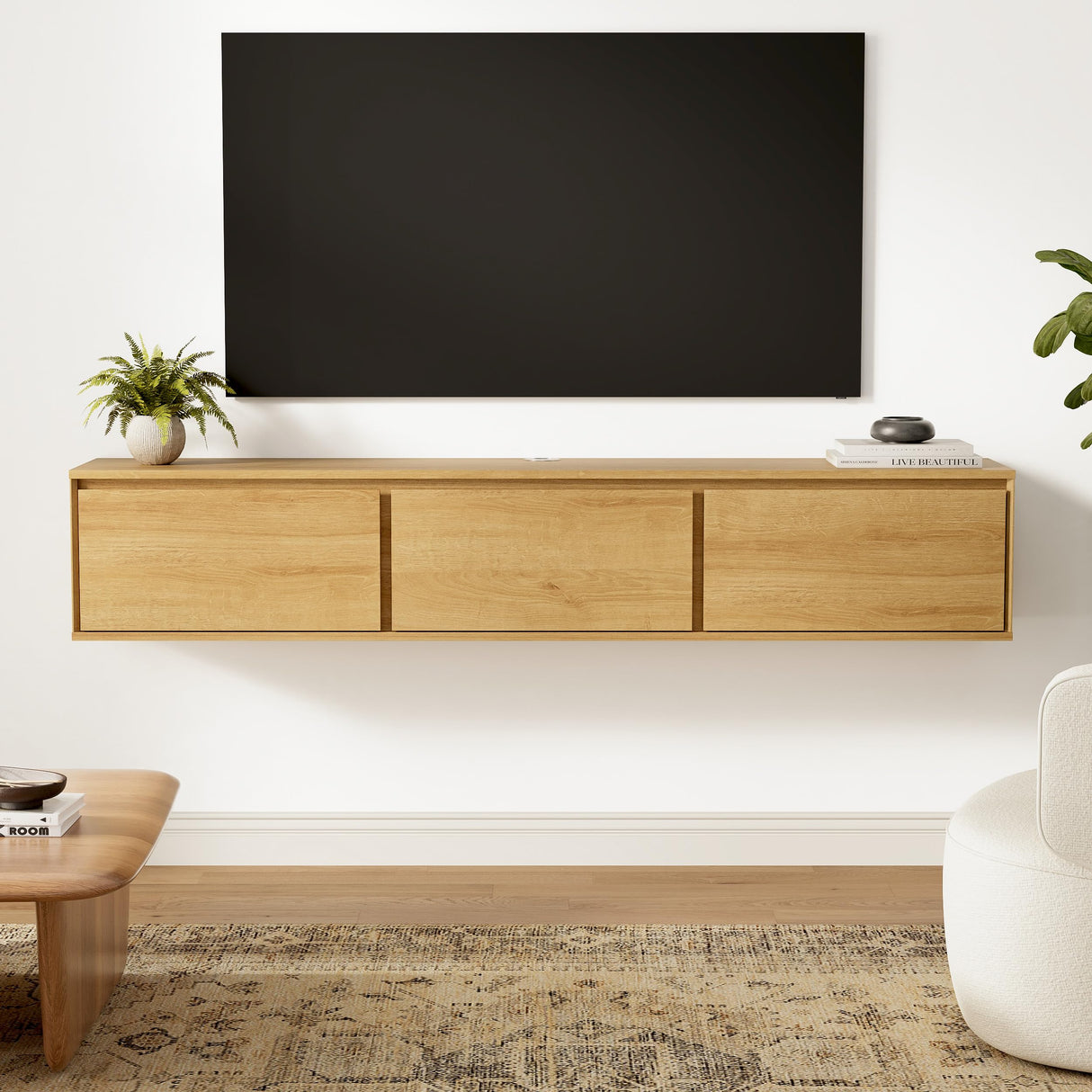 EYYTHUNG Floating TV Stand, 65" Farmhouse Wall Mounted Media Console with Storage, Cable Management, Modern Entertainment Center for 75 Inch TV, Living Room and Bedroom, Natural Oak EYYTHUNG