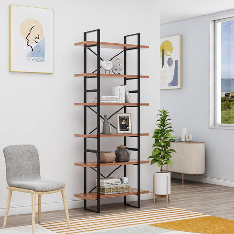 DAVEE 6-Tier etagered Walnut Shelf Bookcase with Black Metal Frame- 35.43x12.5x85 inches DAVEE