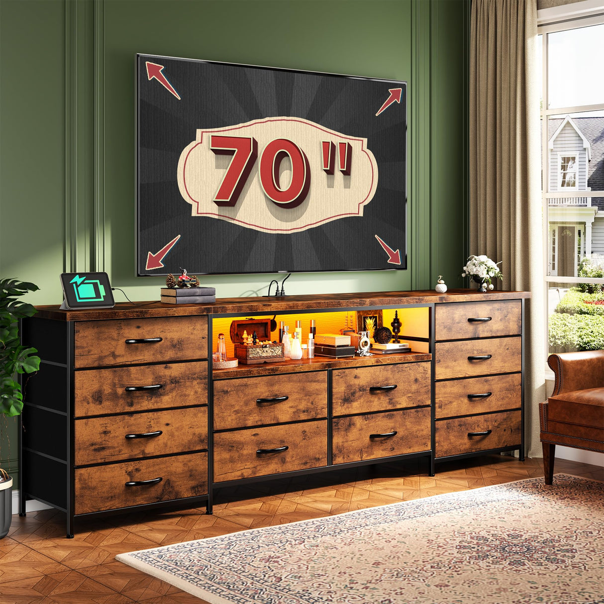 63" Long Dresser for Bedroom with 12 Fabric Drawers Entertainment Center with LED Lights & Power Outlets TV Stand for 70 Inch TV, Organizer for Bedroom, Rustic Brown Romorgniz