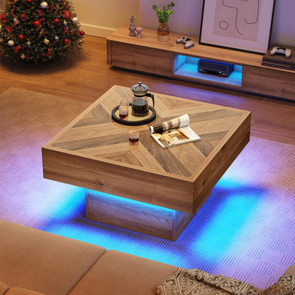 YITAHOME LED Coffee Tables for Living Room, Modern Coffee Table with Storage, Square Wood Coffee Table with 2 Sliding Drawers, Led Center Table for Living Room, Brown