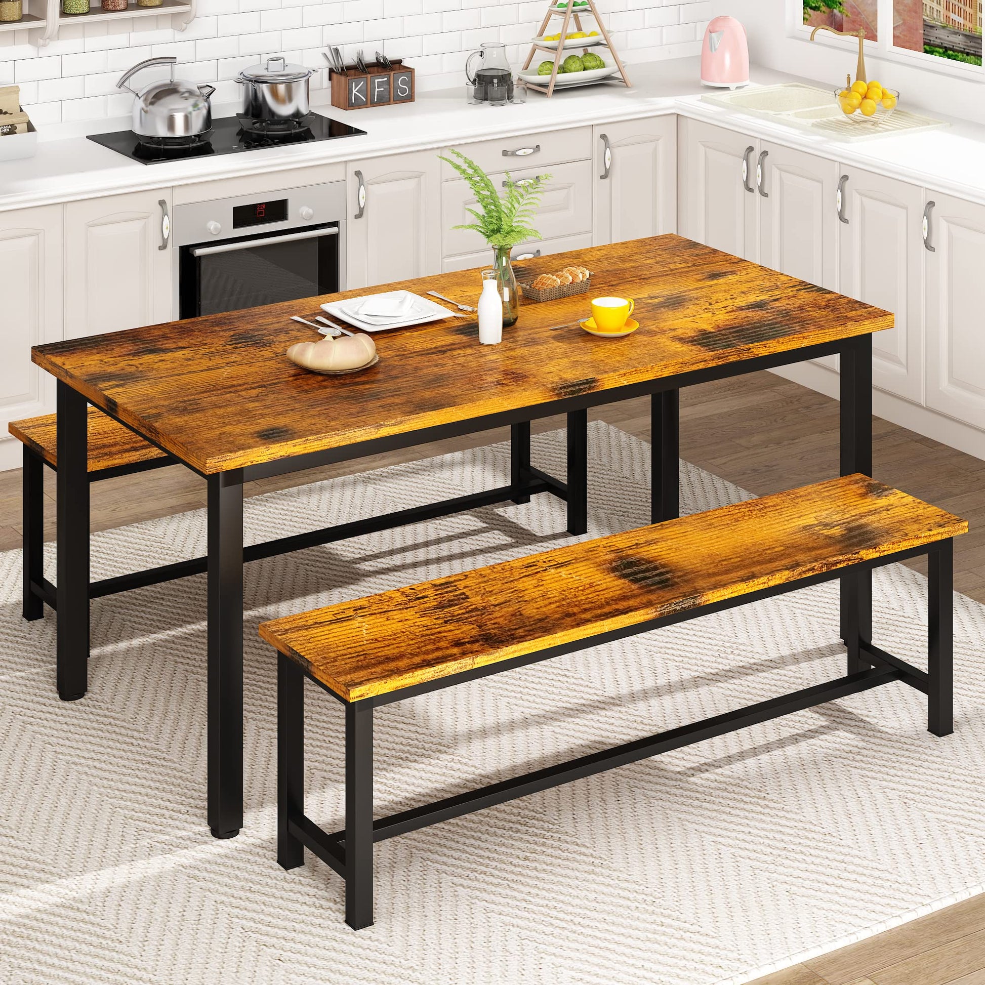 Lamerge Kitchen Table Set with 2 Benches 4 Person Dining Room Table Set for Home Kitchen, Dining Room, Restaurant, Space Saving, Rustic Brown, 43.3''L x23.6''W x28.5''H (43F) - WoodArtSupply