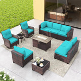 Gotland 11 Pieces Outdoor Patio Furniture Set with 2 Swivel Rocking Chairs&55,000 BTU Gas Fire Pit Table w/Glass Wind Guard Patio Conversation Sectional Sofa Sets-Blue Gotland