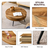 Btikita Wooden Coffee Table Modern Round Coffee Table Rustic Center Table with Metal Leg for Living Room Reception Room Office (Brown, Round) Btikita