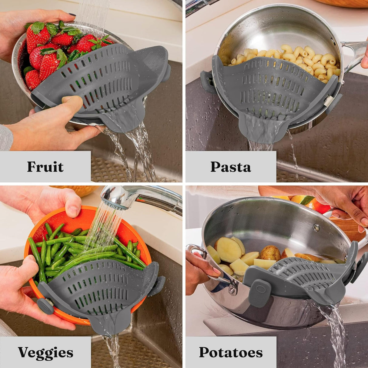 Kitchen Gizmo Snap N' Strain - Silicone Pasta Strainer Clip-On for Pots and Pans - Heat Resistant Colander for Vegetables and Noodles - Kitchen Gadgets for Cooking - Space-Saving Design - Grey Kitchen Gizmo