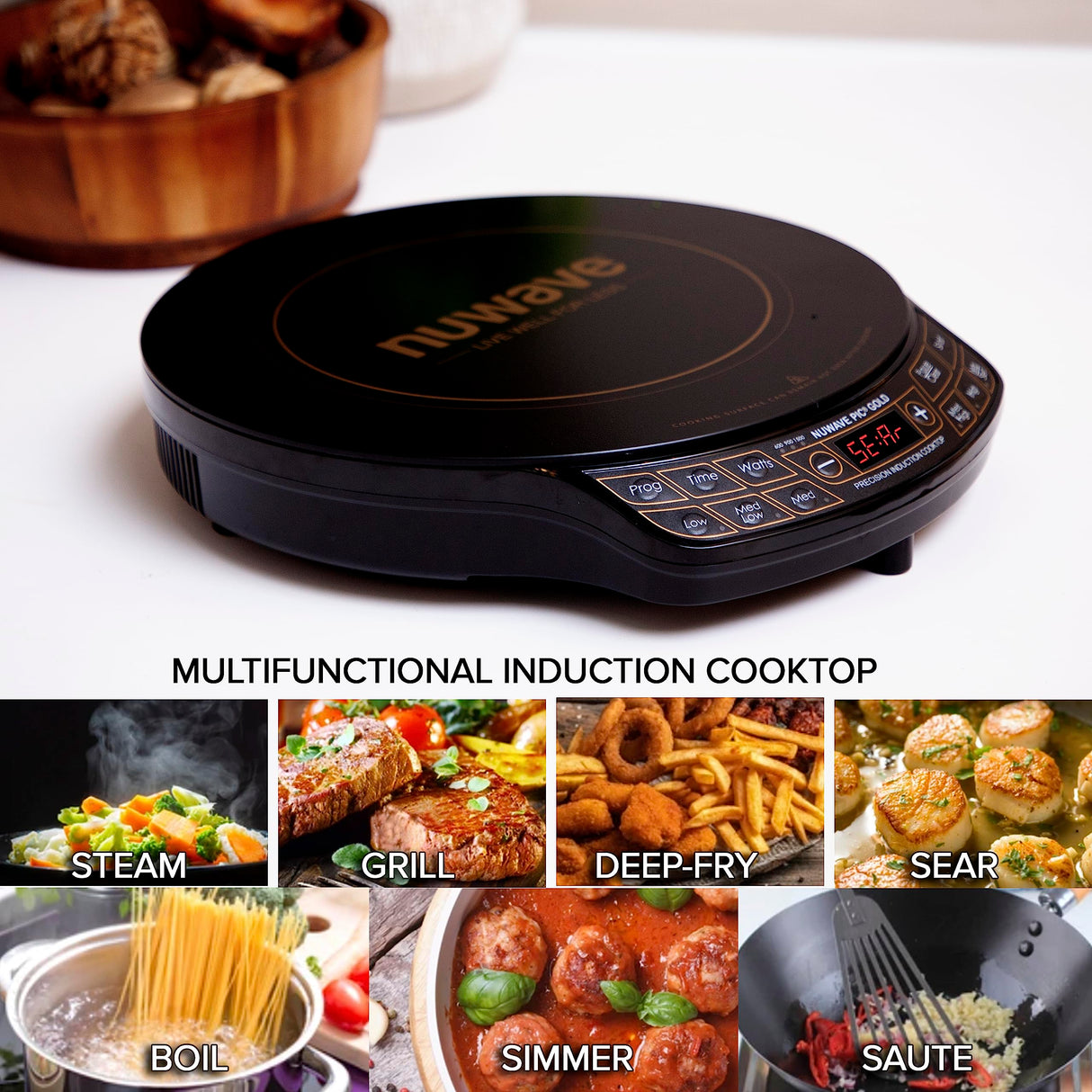Nuwave Precision Induction Cooktop Gold, 12” Shatter-Proof Ceramic Glass Surface, Large 8” Heating Coil, Portable, 51Temp Settings 100°F to 575°F, 3 Wattage Settings 600, 900, and 1500 Watts Nuwave