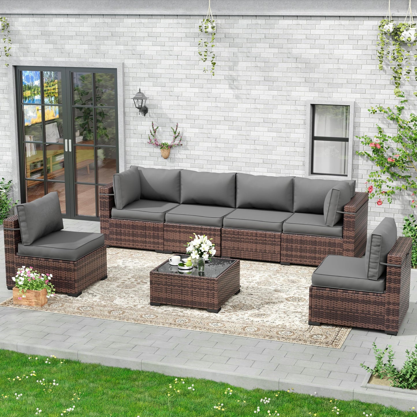 Amopatio 7 Pieces Patio Furniture Set, Outdoor Furniture Sectional Rattan Sofa Sets, Patio Couch with Glass Coffee Table for Backyard Garden (Grey) - WoodArtSupply