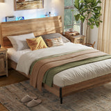 LINSY Wood Bed Frame, Full Bed Frame with Headboard LED, Wooden Platform Frames with Charging Station, No Box Spring Needed, Easy Assembly, Rustic Brown LINSY