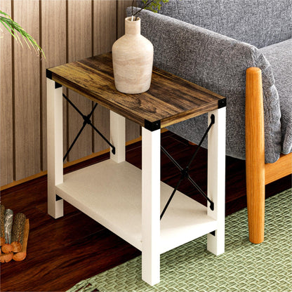 GAZHOME Farmhouse End Table for Small Spaces, Set of 2,Narrow Side End Table with Storage Shelf, Rustic X-Design Nightstand Sofa Table for Living Room, Bedroom White - WoodArtSupply