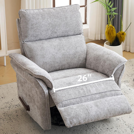 Rhevoy Oversized Glider Rocker Recliner, 26" Extra Wide 360° Swivel Nursery Recliner with Adjustable Headrest, Chenille Rocking Nursery Chair with Overstuffed Armrest, Lumbar Support, Light Grey Rhevoy
