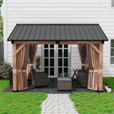 11 x 13 ft Hardtop Gazebo Wood Grain Aluminum Frame Gazebo Pavilion with Privacy Curtain and Mosquito Netting, Galvanized Steel Roof for Backyard MONDAWE