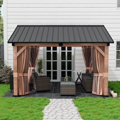 11 x 13 ft Hardtop Gazebo Wood Grain Aluminum Frame Gazebo Pavilion with Privacy Curtain and Mosquito Netting, Galvanized Steel Roof for Backyard