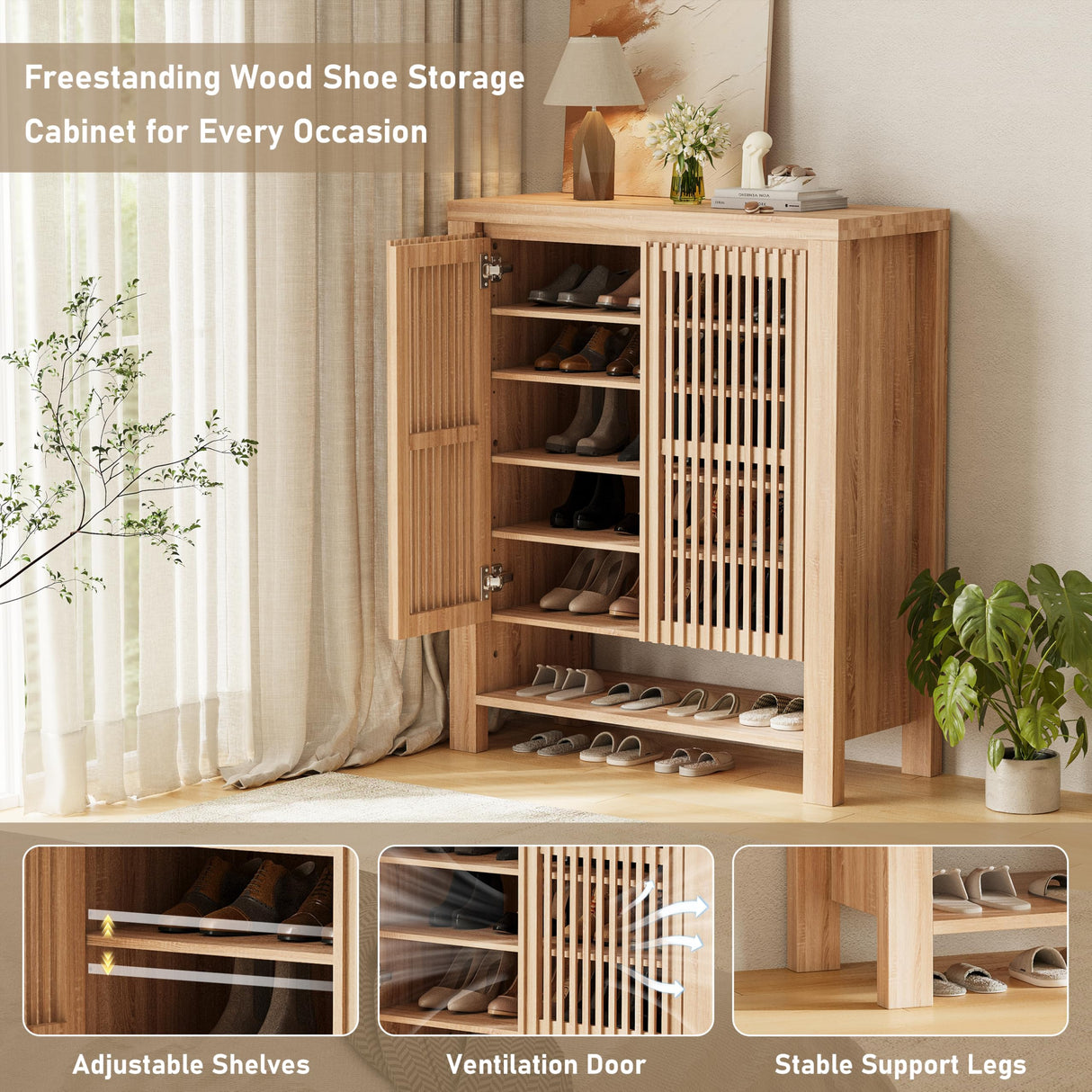 INNOD 43" Tall Shoe Storage Cabinet with Doors, 8-Tier Entryway Shoe Cabinet with Adjustable Shelves, Modern Freestanding Shoes Rack Organizer Cabinet for Entryway Hallway Front Door INNOD