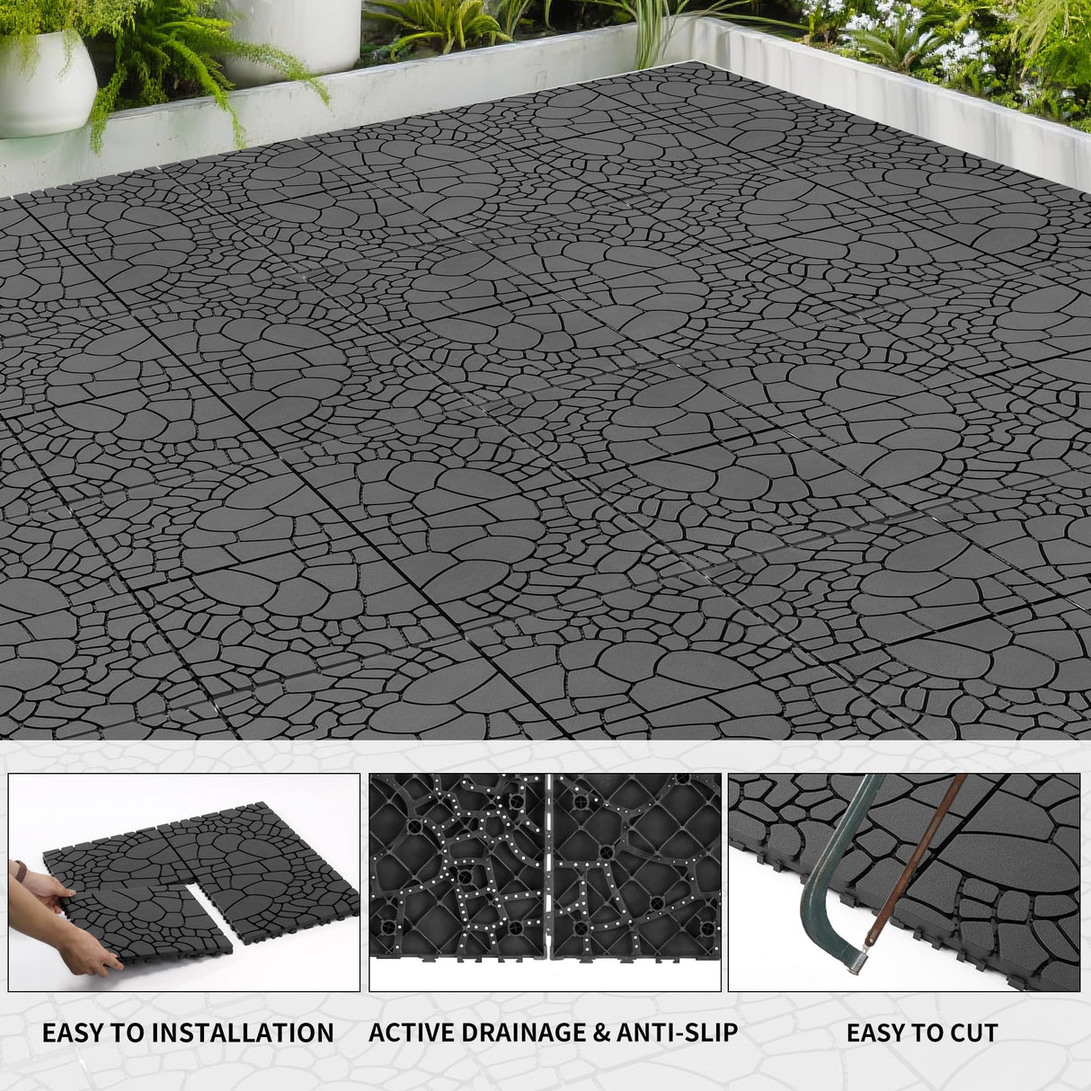 Interlocking Plastic Deck Tiles, 44 Pack, 12"x12" Waterproof Patio Floor Tiles for Indoor and Outdoor, Easy Snap Deck Tiles for Balcony, Garden, Backyard, Pathway and Poolside, All Weather Voyavela
