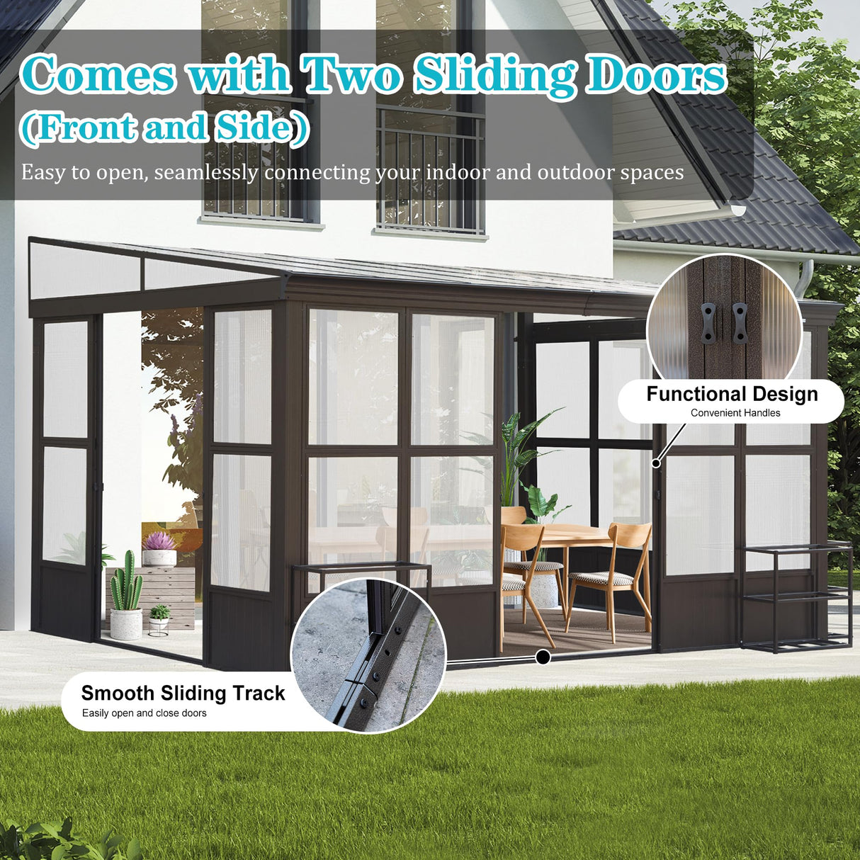 SHPAI 10x12FT Wall Mounted Sunroom, Outdoor Permanent Lean-to Solarium with Detachable Polycarbonate Roof, 2 Lockable Sliding Doors, Aluminum Gazebo Against The Wall Sun Room for Garden Patio Deck SHPAI