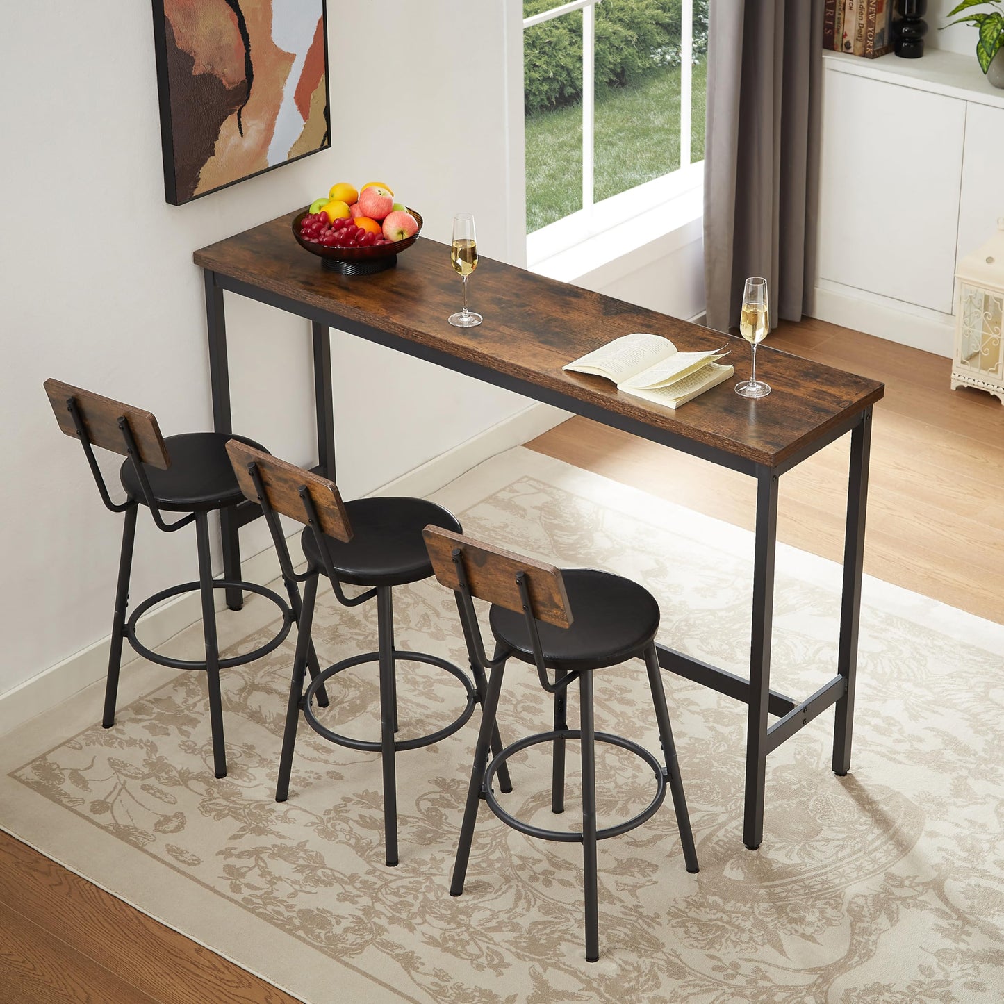 ROCKINGRUN Rustic Brown Bar Table and Stools Set for 3 - 63" Counter Height Dining Furniture - WoodArtSupply