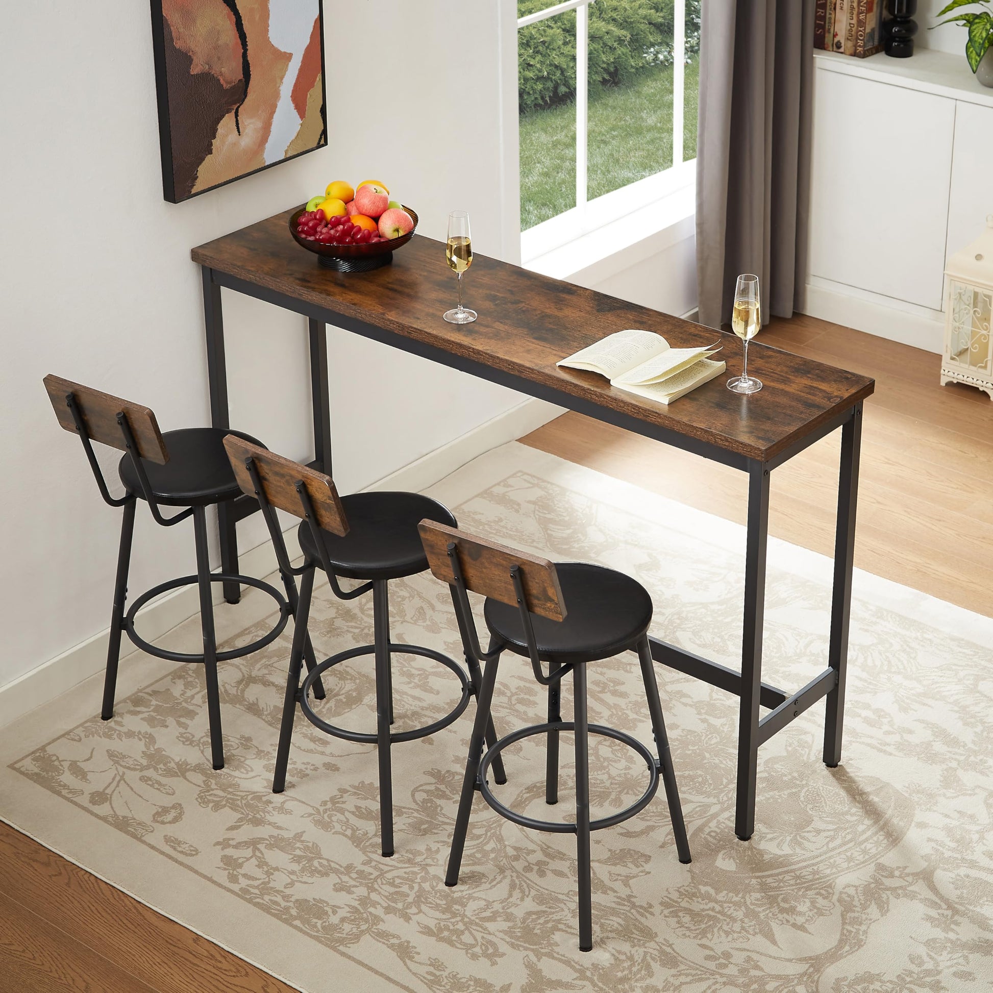 ROCKINGRUN Rustic Brown Bar Table and Stools Set for 3 - 63" Counter Height Dining Furniture - WoodArtSupply