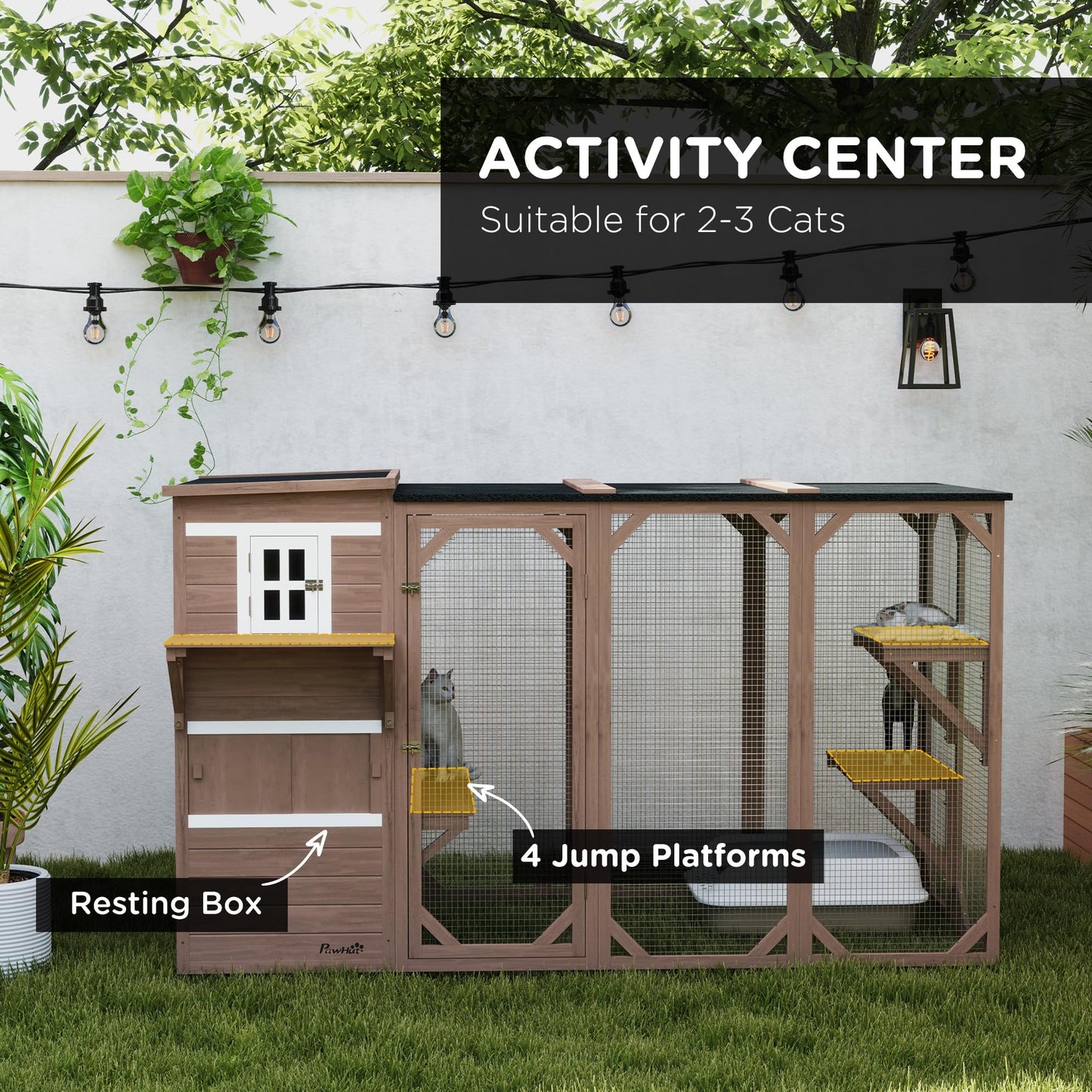 PawHut Outdoor Cat Catio, Large Wood Cat House Enclosure with Multi-Level Design, Weatherproof Roof, Big Hiding Areas, Multiple Platforms, Resting Box, Brown - WoodArtSupply