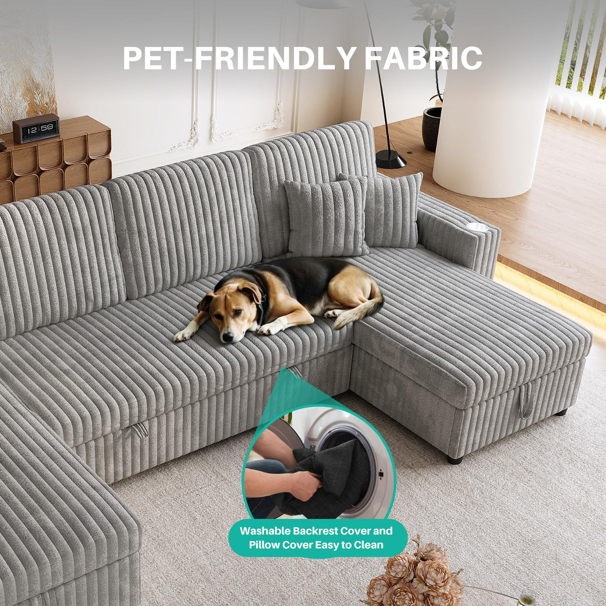 Sleeper Sectional Sofa, 122" Modern U Shaped Couch with Pull Out Bed, Convertible Corduroy Cloud Sofa with Double Storage Chaise, USB, Small Desktop, Comfy Modular Couch for Living Room, Light Grey ZHCREAL