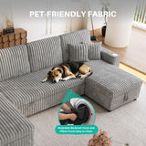 Sleeper Sectional Sofa, 122" Modern U Shaped Couch with Pull Out Bed, Convertible Corduroy Cloud Sofa with Double Storage Chaise, USB, Small Desktop, Comfy Modular Couch for Living Room, Light Grey ZHCREAL