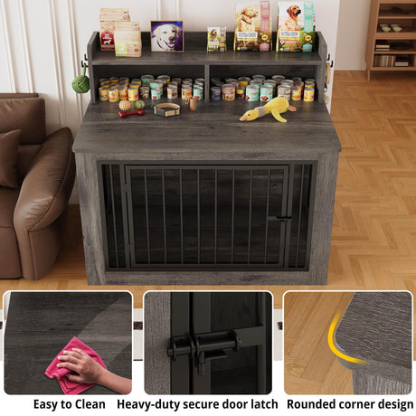 IRONCK Extra Large Dog Crate Furniture, 43.3 inches Wooden Dog Crate with Storage and 4 Hooks, Heavy Duty Pet Crate for Large Dog, Decorative Pet Cage for Indoor (30" L x 43.3" W x 41.1" H) IRONCK