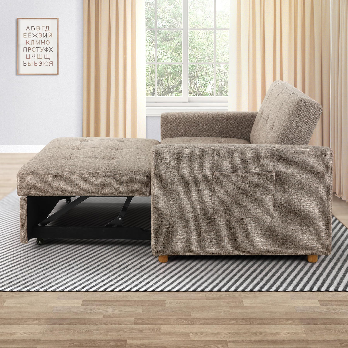 SEJOV 3-in-1 Convertible Sofa Bed, Linen Fabric Sleeper Couch Pull Out Bed, 49" 2-Seater Loveseat Futon Sofa with Spring Support, Adjustable Backrest and Pillows for Small Spaces, Living Room SEJOV