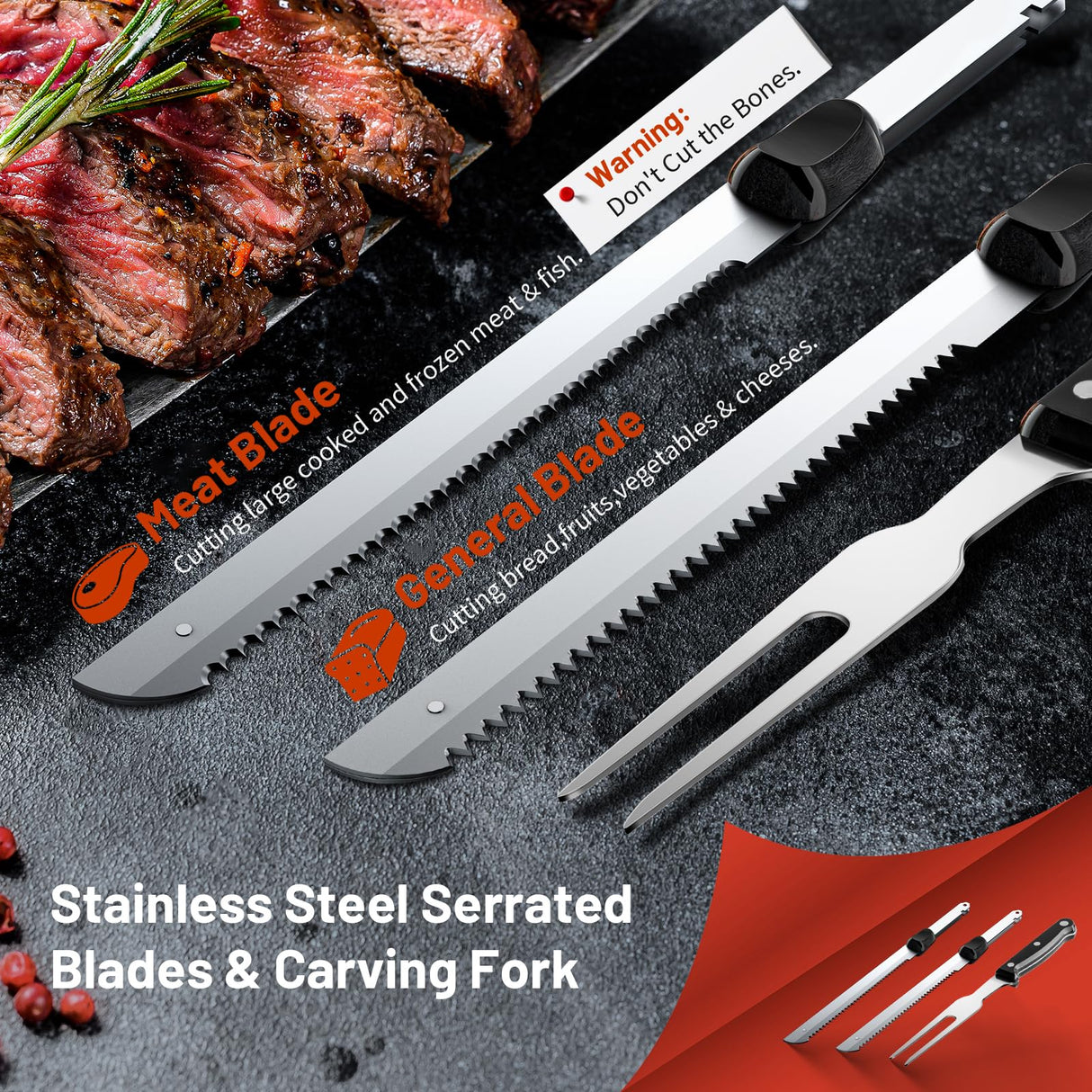 KEENSTAR Electric Knife for Carving Meat, Turkey, Bread, 150W Electric Knife Set with 2 Serrated Stainless Steel Blades & Serving Fork for Slicing Poultry, Ham & More, Ergonomic Handle & Safety Lock KEENSTAR