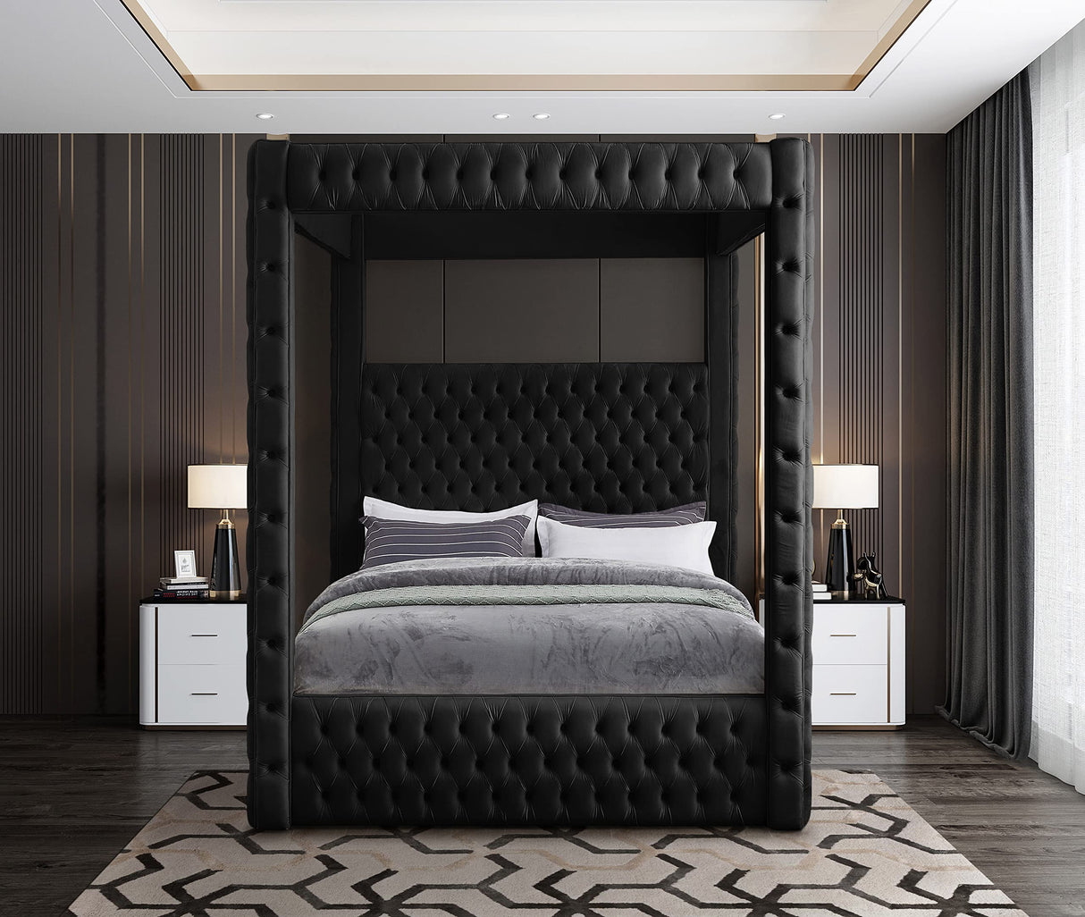 Meridian Furniture RoyalBlack-K Royal Collection Modern | Contemporary Velvet Upholstered King Bed with Soft Black Velvet, Deep Elegant Tufting, Canopy, 86.5" W x 89" D x 87" H, Black, King Meridian Furniture