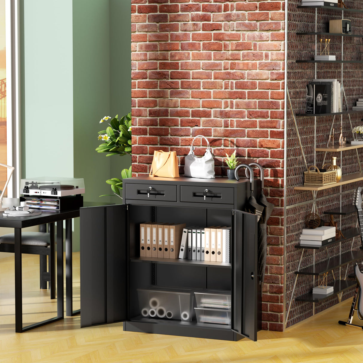 Greenvelly Metal Storage Cabinet with 2 Drawers,36" Black Metal Cabinets with Doors and Shelves, Garage Cabinet with Lock for Home Office, Garage, School, Apartment,Warehouse Greenvelly