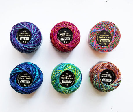 WonderFil Eleganza Size 8 Perle Cotton Embroidery Thread 'Rave' Sampler Set - 6 Variegated Colors, 42 Yards Each, Blues and Teals WonderFil Specialty Threads