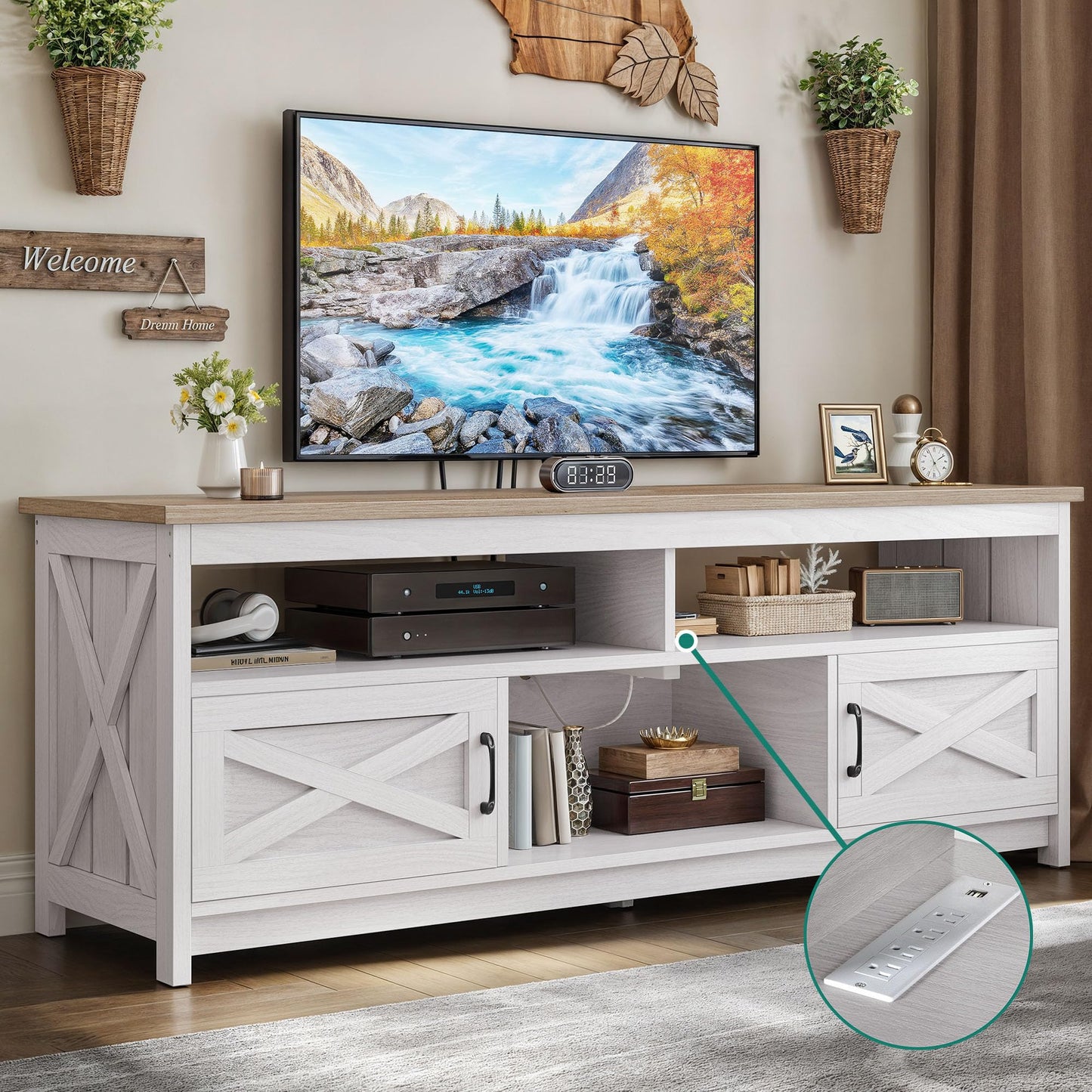 YITAHOME TV Stand for 75 Inch TV w/Power Outlets, Farmhouse Entertainment Center with Storage Cabinets, Rustic TV Cabinet Media Console Table for Living Room, 65'' Large TV Stand, Grey White/ - WoodArtSupply