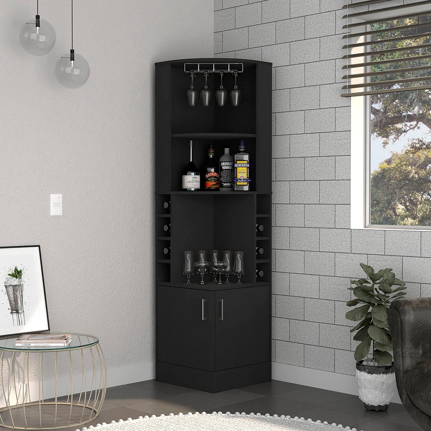 Cairo Corner Bar Cabinet with Glass Rack, Multiple Shelves, and 8 Wine Cubbies, Black