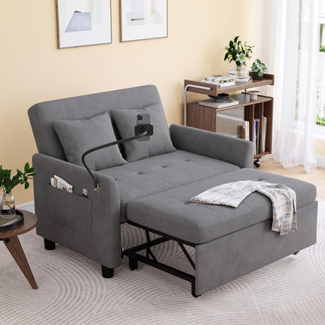 AYEASY Sleeper Sofa Bed, 3 in 1 Convertible Sleeper Couch Bed Pull Out, Small Loveseat Sofa, Futon Sofa Bed Full Size, 46" Velvet Love Seat with Pillow and Phone Holder for Living Room, Grey AYEASY