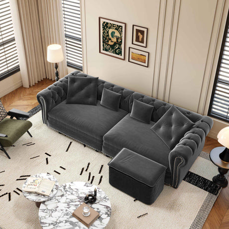 LuxyHoom 89" King Pull Out Sofa Bed, Velvet Chesterfield Sleeper Sofa Couch, 3 in 1 Convertible Tufted Futon Couches with Ottoman for Living Room, Small Space, Apartment, Office, Bedroom, Gray LuxyHoom