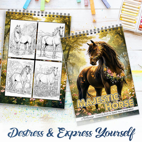 NETHOUSE Majestic Horse Spiral Coloring Book for Adult Relaxation & Stress Relief, 30 Coloring Pages of Elegant Horse Illustrations, Running Horse, Tail Art and Nature-Inspired Scenes, Detailed Mane NETHOUSE
