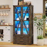 FREDEES Rustic Brown Farmhouse Storage Cabinet with Adjustable Shelves and LED Display FREDEES