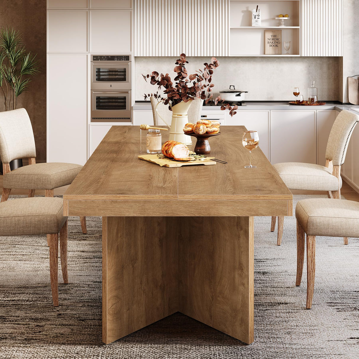 Tribesigns 63-Inch Dining Table for 4-6, Farmhouse Kitchen Table with Heavy Duty Pedestal, Rectangular Wooden Dinner Furniture for Home, Dining Room, Living Room, Brown Tribesigns