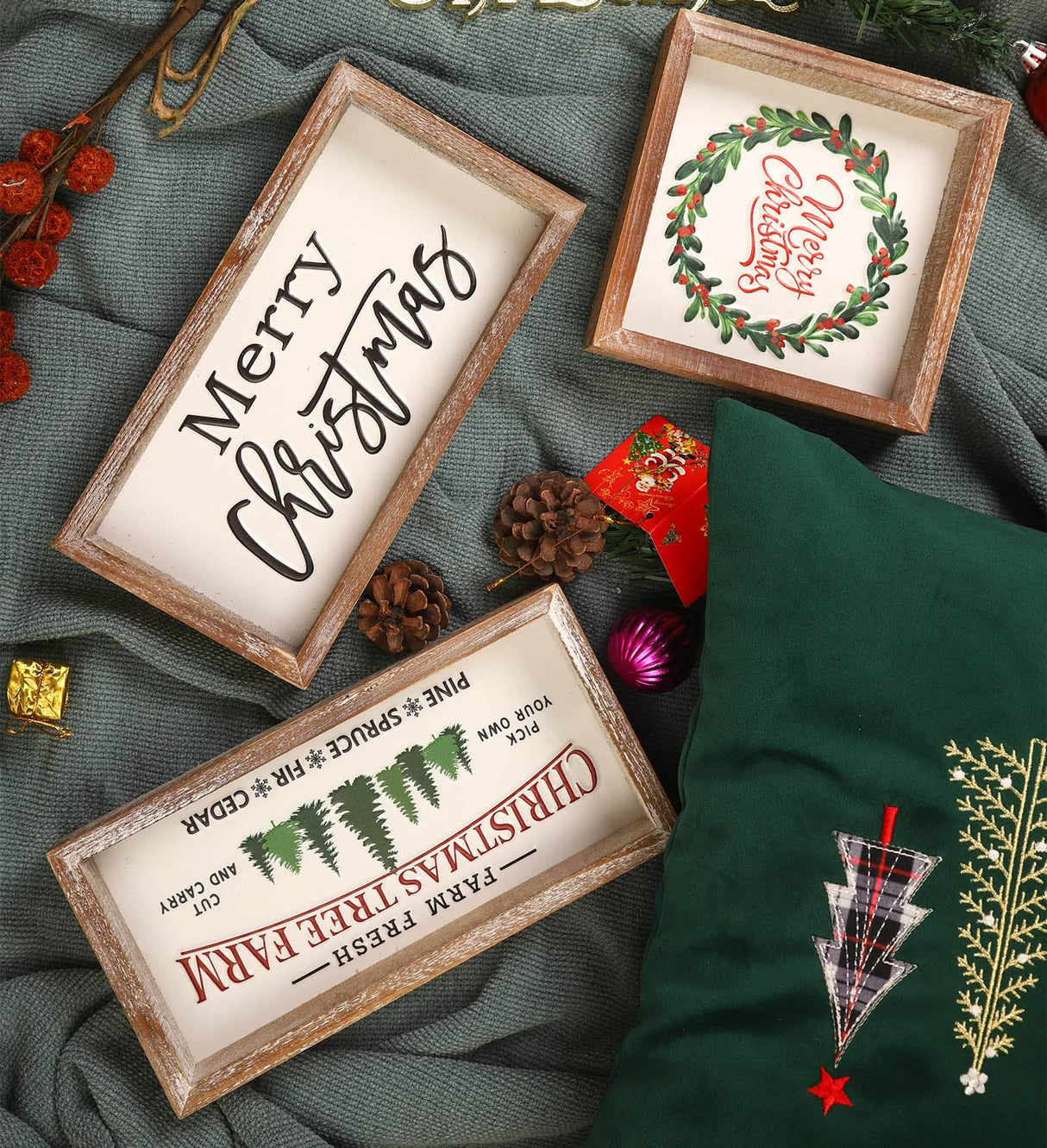 FESTWIND Christmas Tiered Tray Decor, Merry Christmas Block Sign Embossed Metal With Wood Frame - Shelf, Mantel, Home Decor - Rustic Farmhouse Christmas Decoration FESTWIND