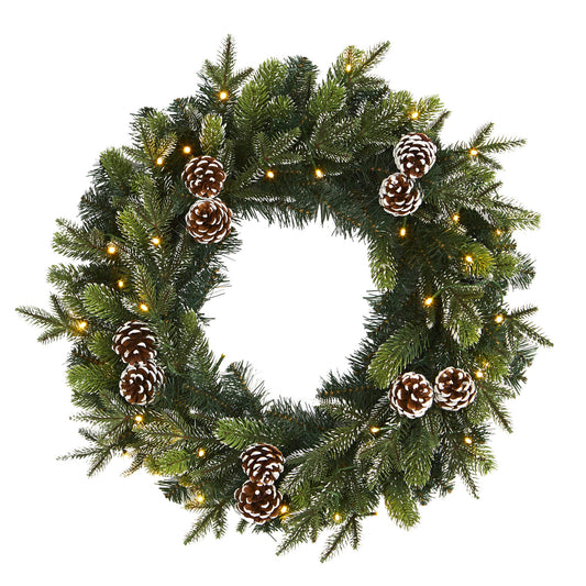 Nearly Natural 24in. Snowed Pinecone Artificial Christmas Wreath with 35 Clear LED Lights, Green, 5x24x24