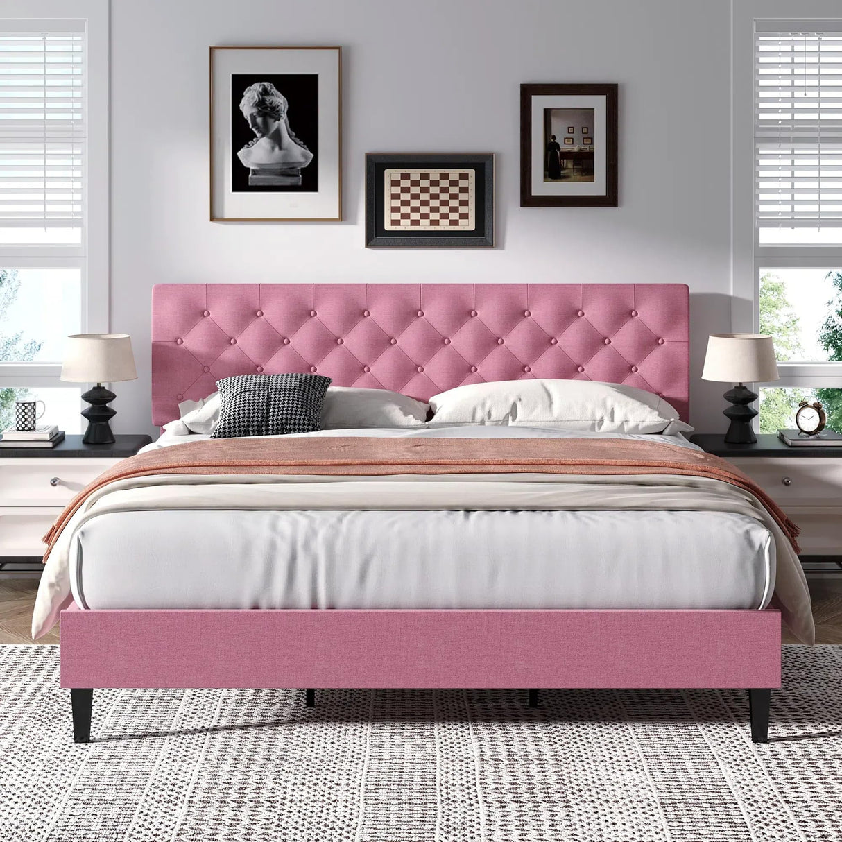King Size Platform Bed Frame, Fabric Upholstered Bed with Button Tufted Headboard, Adjustable Headboard Design, Easy Assembly, No Box Spring Required, Pink BarnFurin
