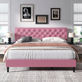 King Size Platform Bed Frame, Fabric Upholstered Bed with Button Tufted Headboard, Adjustable Headboard Design, Easy Assembly, No Box Spring Required, Pink BarnFurin