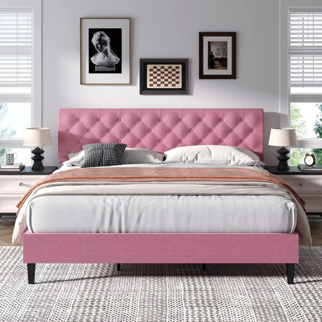 King Size Platform Bed Frame, Fabric Upholstered Bed with Button Tufted Headboard, Adjustable Headboard Design, Easy Assembly, No Box Spring Required, Pink BarnFurin