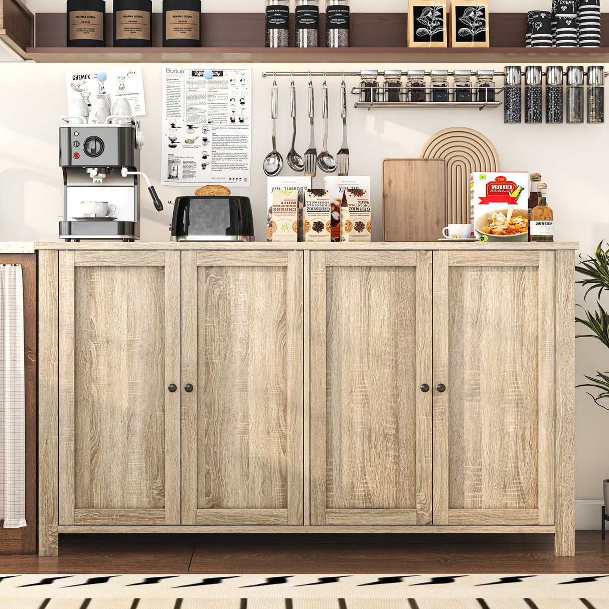 knoworld Buffet Cabinet with Storage Farmhouse Buffet Sideboard with 4 Doors, 55'' Large Kitchen Storage Cabinet Wood Coffee Bar Buffet Table for Kitchen, Dining Room, Entryway knoworld