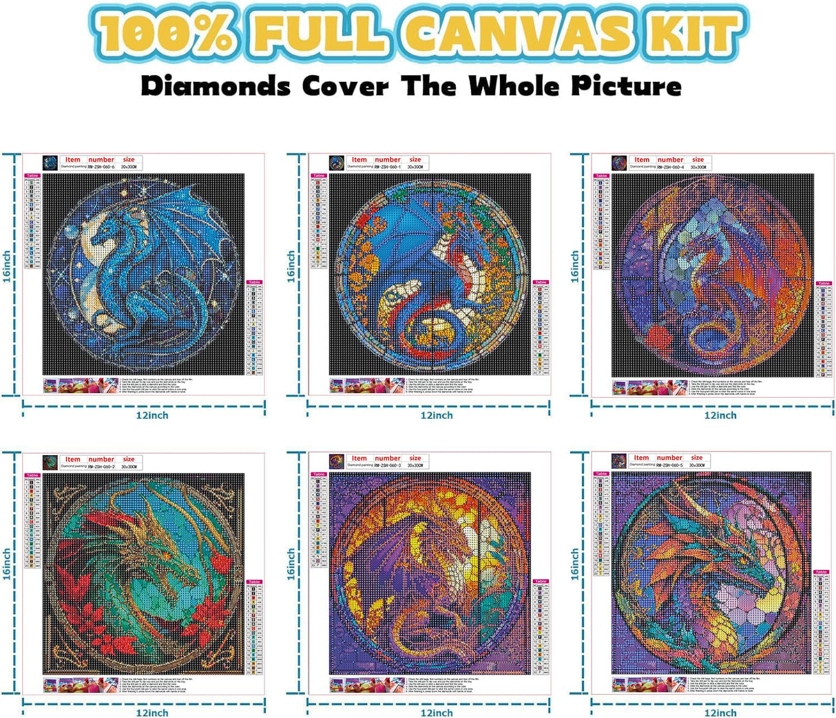RYMILIE Diamond Painting Kits for Adults - 6 Pack Dragon DIY 5D Diamond Art Kits Full Drill Diamond Dots Paintings with Diamonds Gem Art and Crafts Home Decor 12x12inch RYMILIE