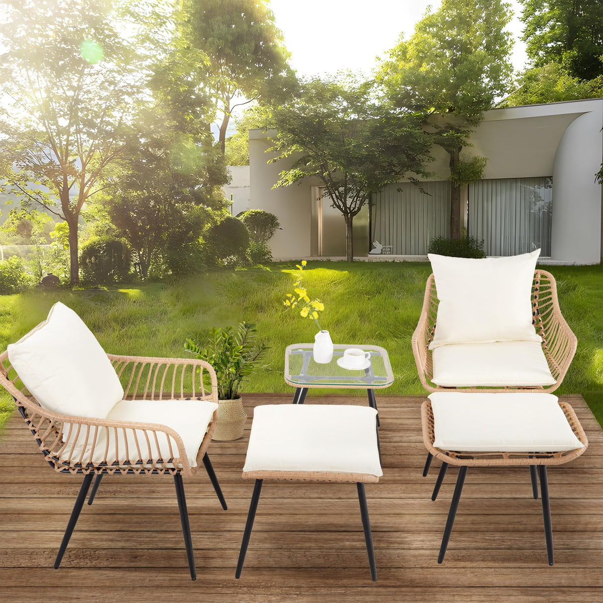 PORWEY 5 Piece Patio Bistro Set with Ottoman, Outdoor Wicker Apartment Balcony Furniture Sets, Rattan Table and Chairs Set of 2 for Porch Backyard Lawn Poolside Deck (Yellow/Beige) PORWEY