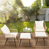 PORWEY 5 Piece Patio Bistro Set with Ottoman, Outdoor Wicker Apartment Balcony Furniture Sets, Rattan Table and Chairs Set of 2 for Porch Backyard Lawn Poolside Deck (Yellow/Beige) PORWEY
