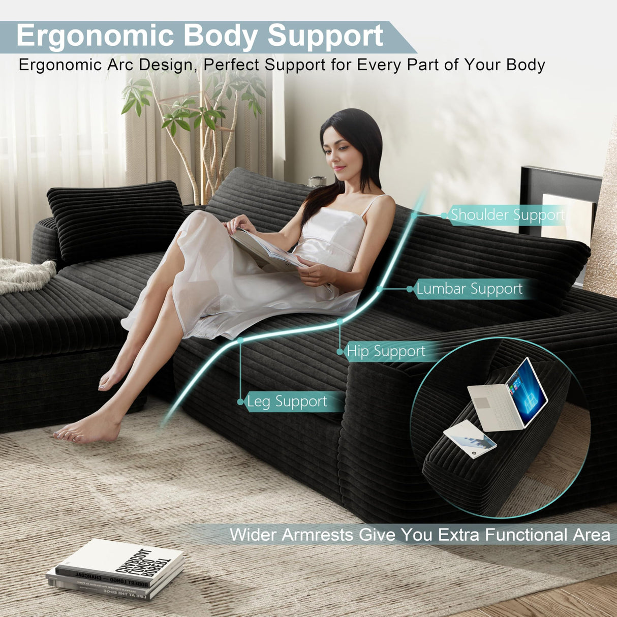 Yomsum 110'' Black Sectional Couches for Living Room with Double Layer, Oversized 4 Seater Boneless L Shaped Cloud Couch Plush Corduroy Sofa, No Assembly Modular Sectional Sofa Bed with Ottoman Yomsum