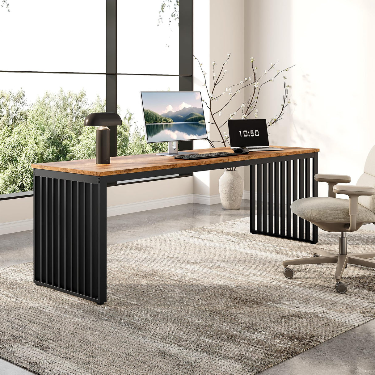 LITTLE TREE Two Person Desk, 78.74" Extra Long Computer Desk for 2 People, Rustic Brown Wooden Double Study Desk with Black Heavy Duty Metal Legs, Large Business Workstation for Home Office LITTLE TREE
